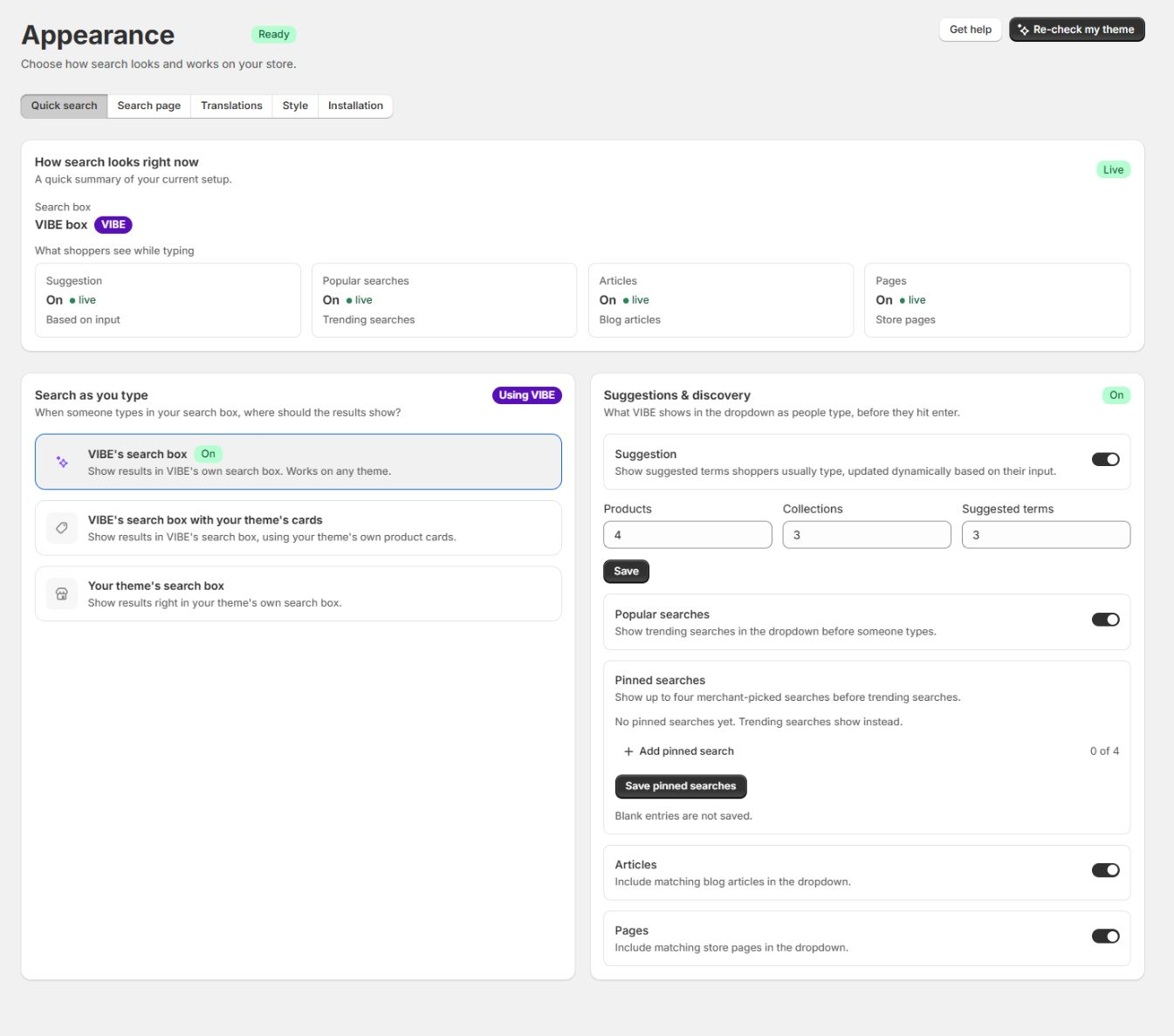 Appearance admin page with quick-search, search-page, translation, style, and installation tabs.
