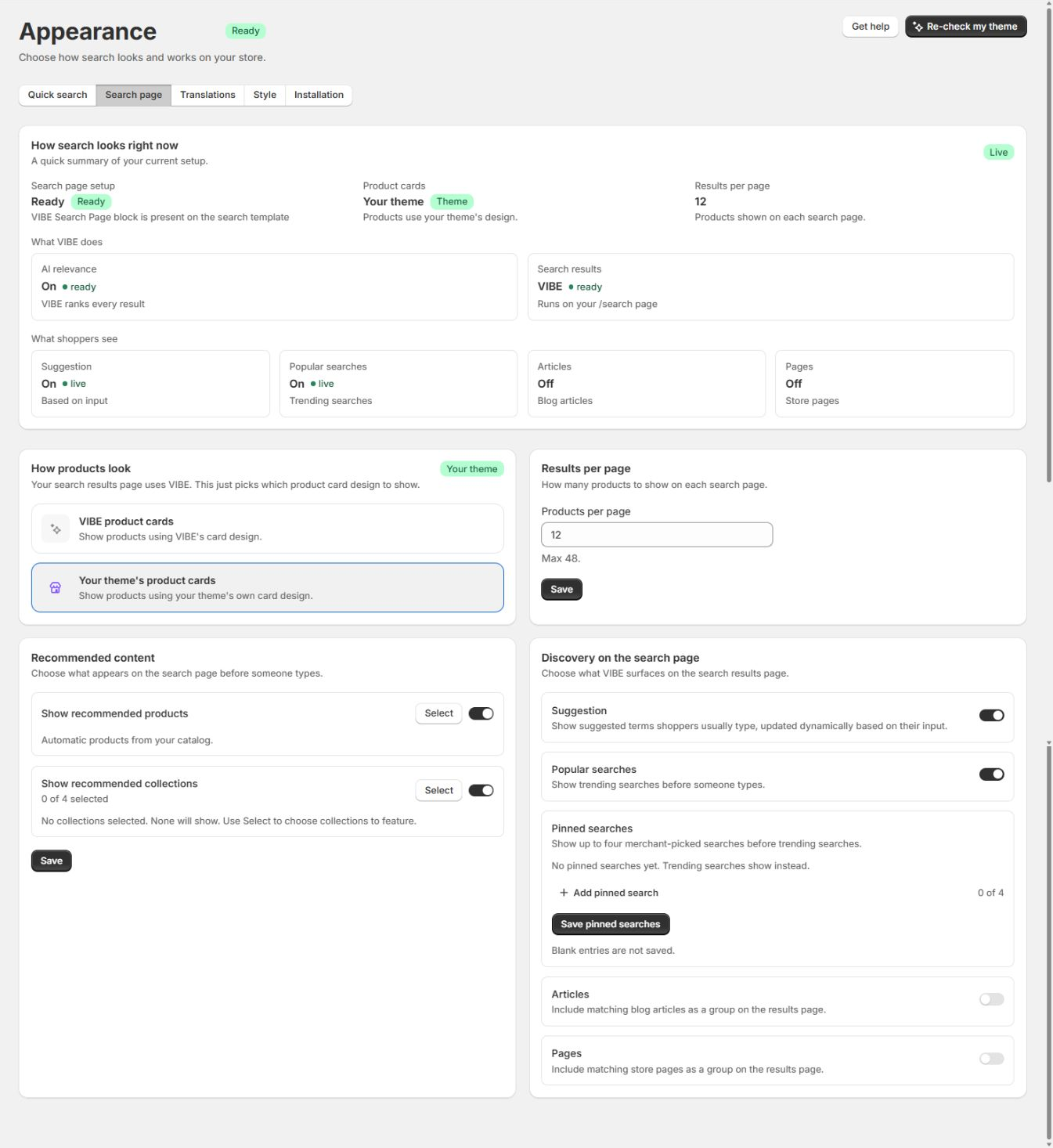 The Search page tab, showing block setup status, product cards, and what shoppers see.