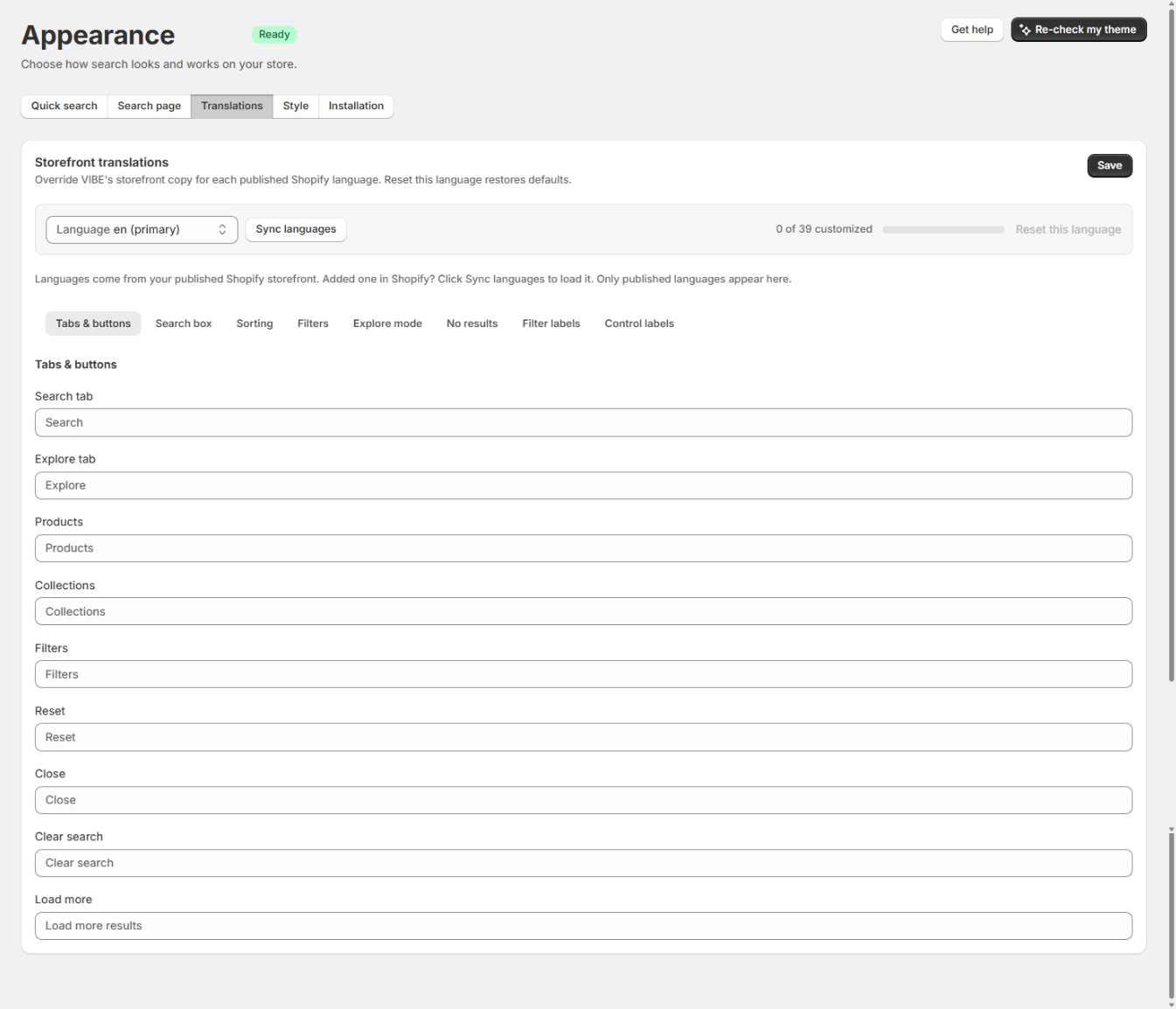 The Translations tab, showing storefront text you can change for each language.
