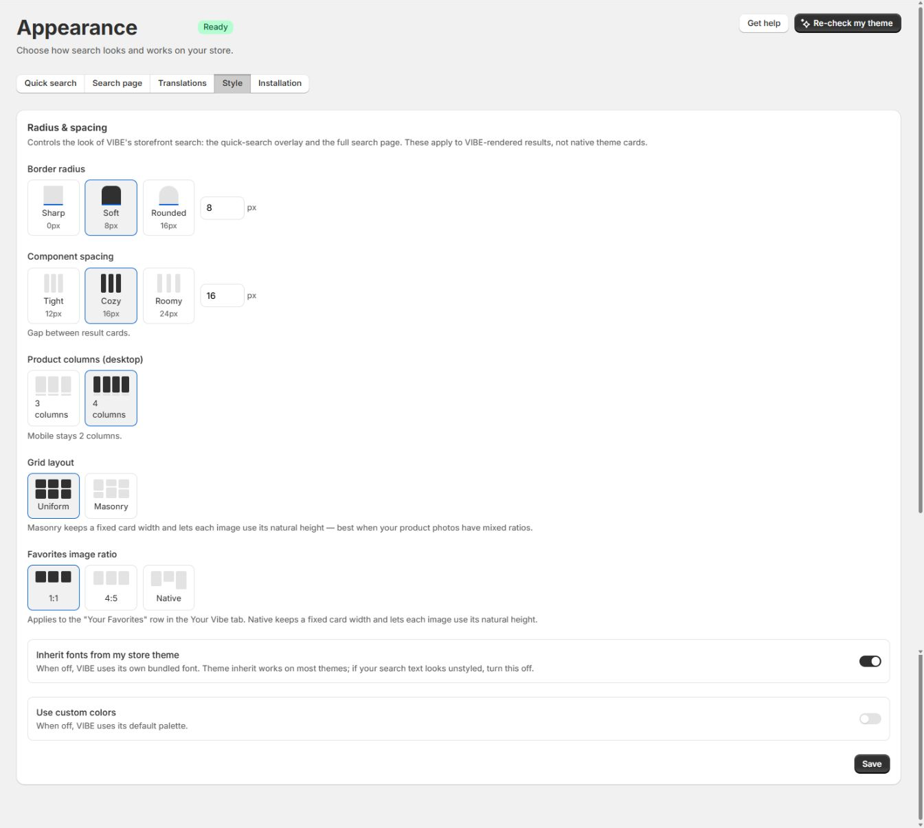 The Style tab, showing radius, spacing, columns, fonts, and colors.