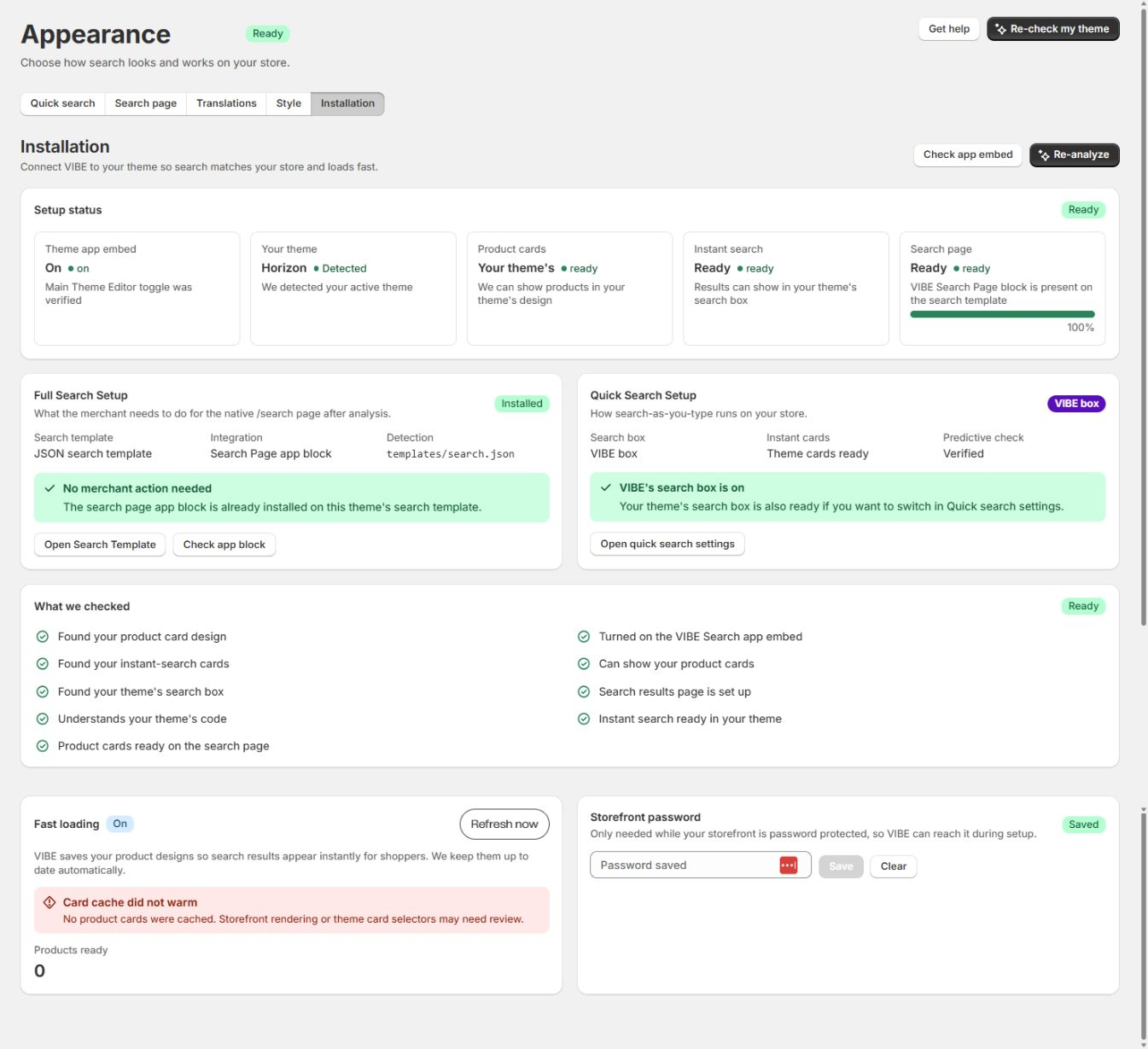 Appearance Installation with theme analysis and activation status.