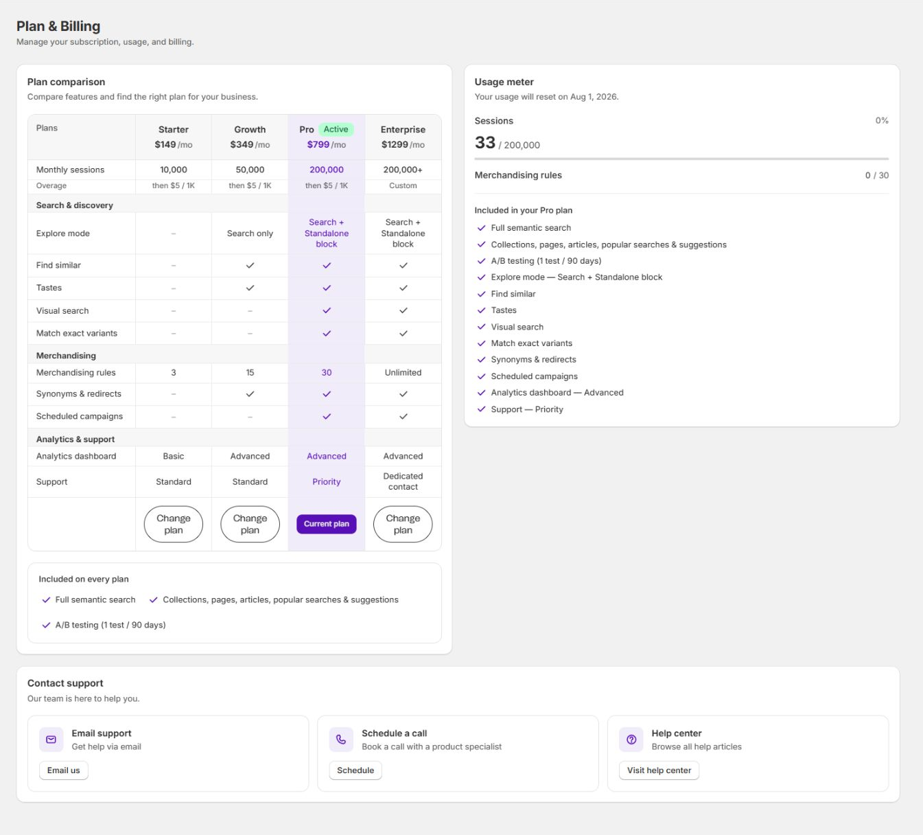 The Plan and billing page, with the plan comparison table and the usage meter.