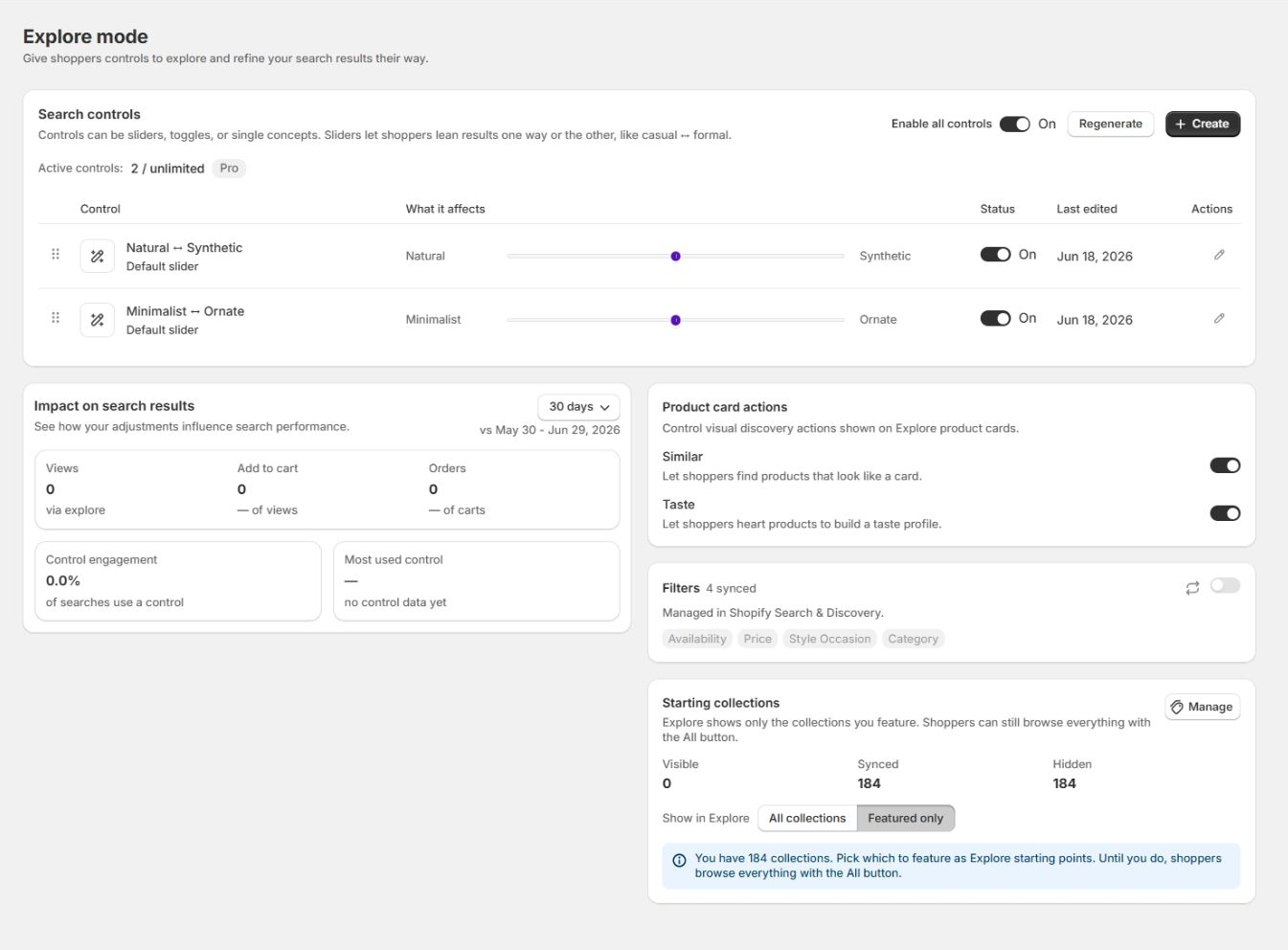 The Explore mode page, with the controls list, the impact panel, product card actions, filters, and starting collections.
