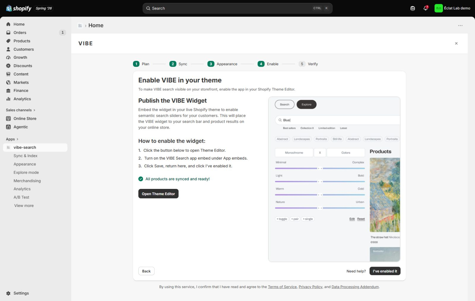 The Enable step, with the Theme Editor instructions and Open Theme Editor button.