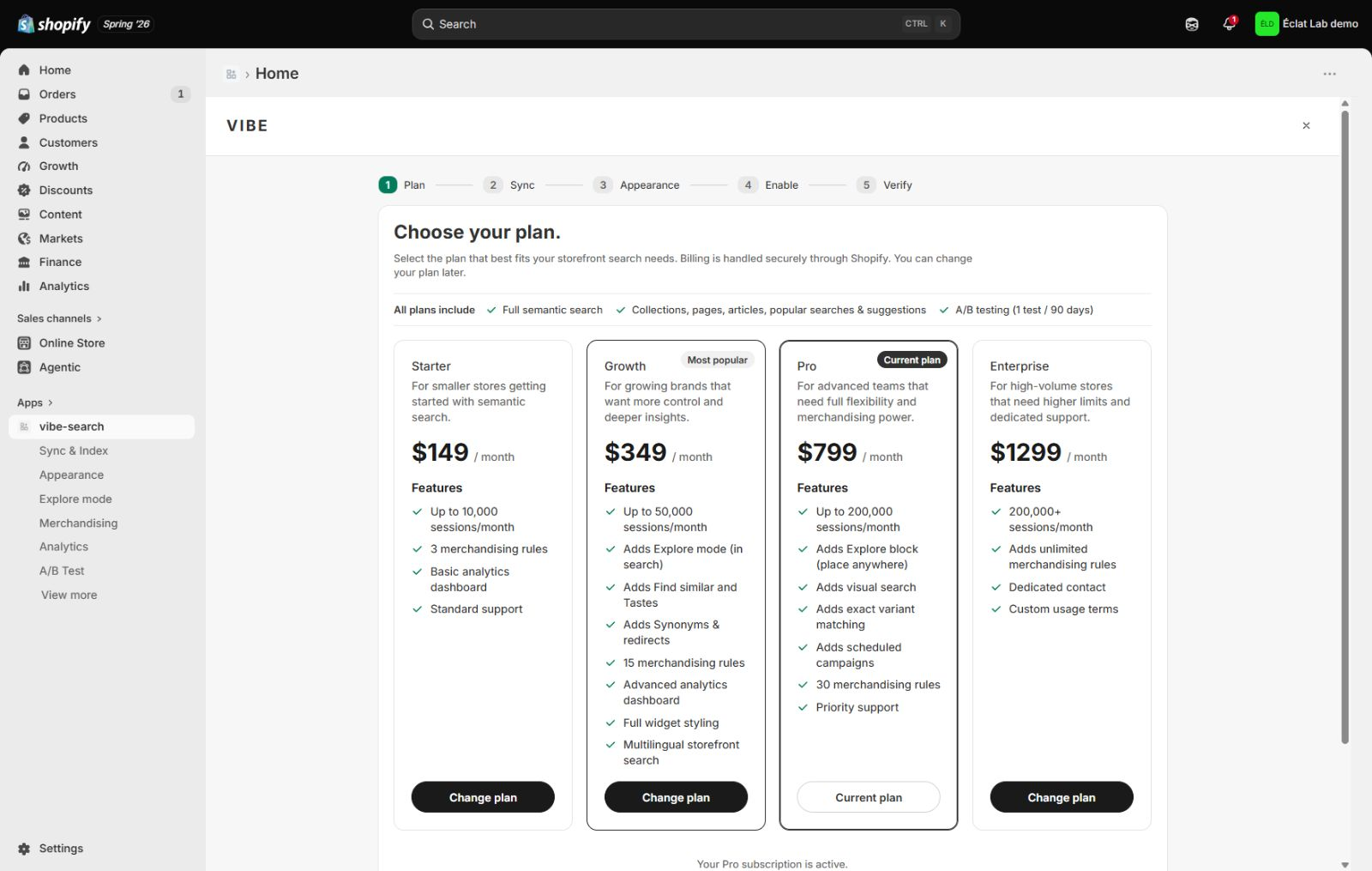 The Plan step, comparing the current VIBE plans, included visits, features, and subscription actions.