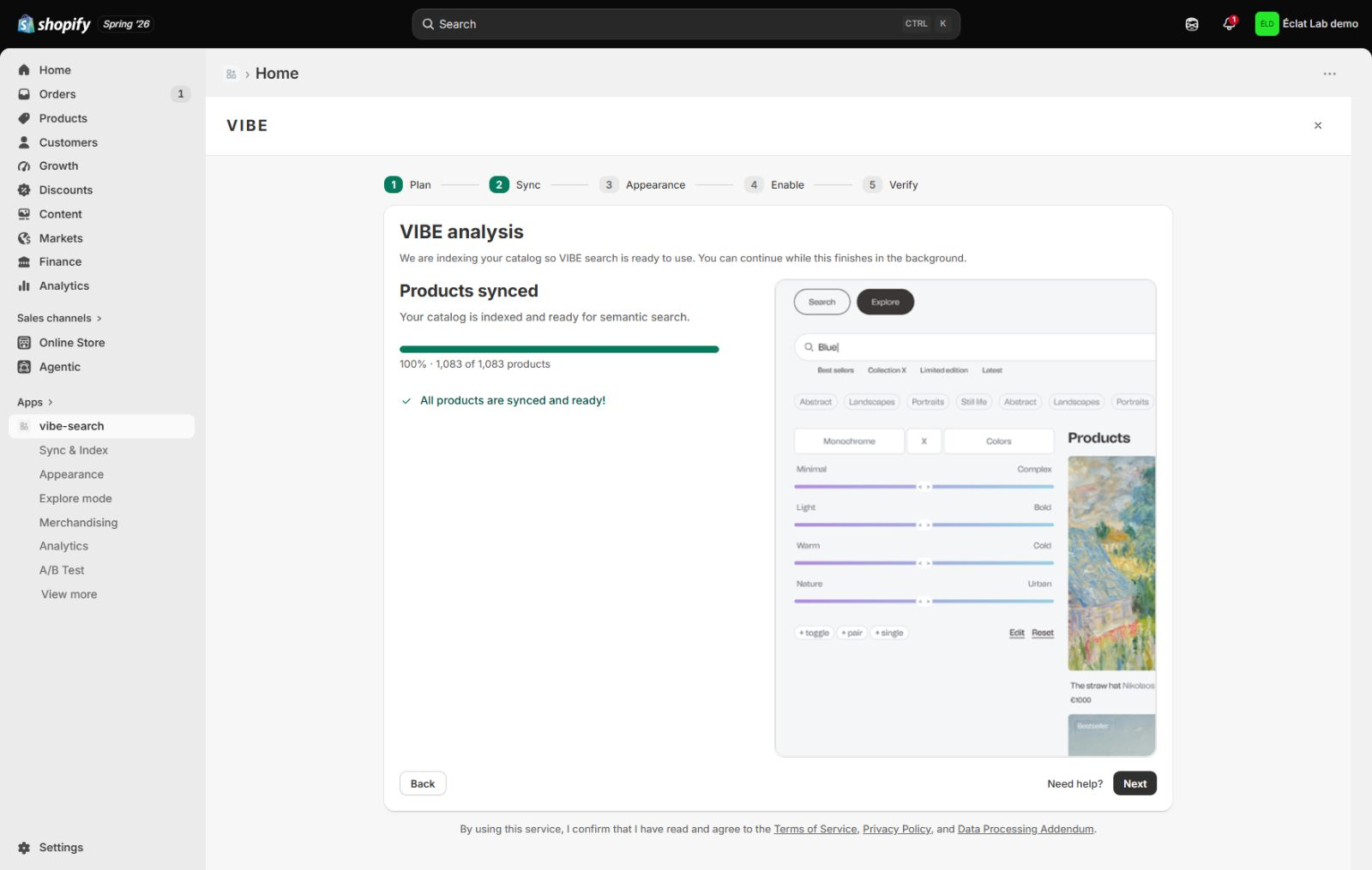 The catalog-ready step, adding your catalog to VIBE with a live product count.