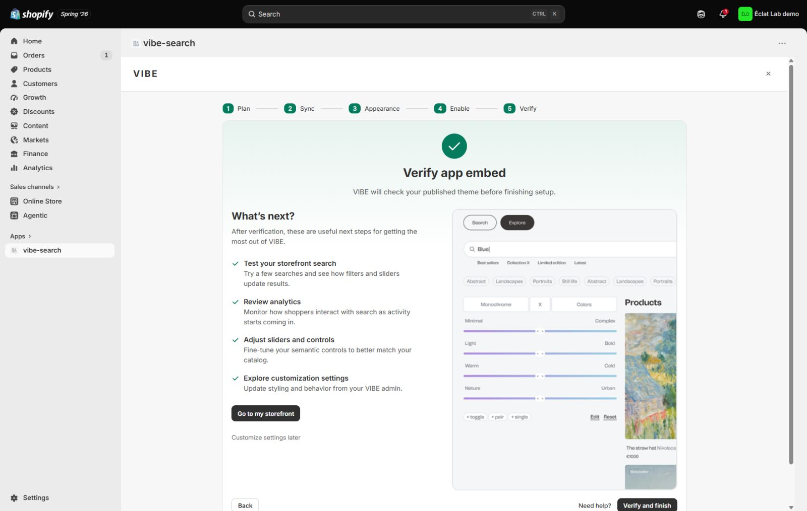 The Verify step, checking the switch and showing the actions available after setup.