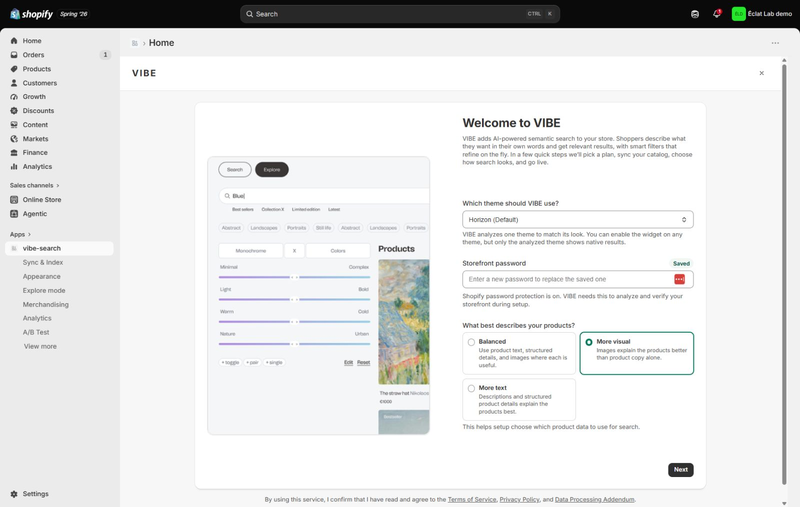 The Welcome screen, with the theme, storefront access, and product-understanding choices.