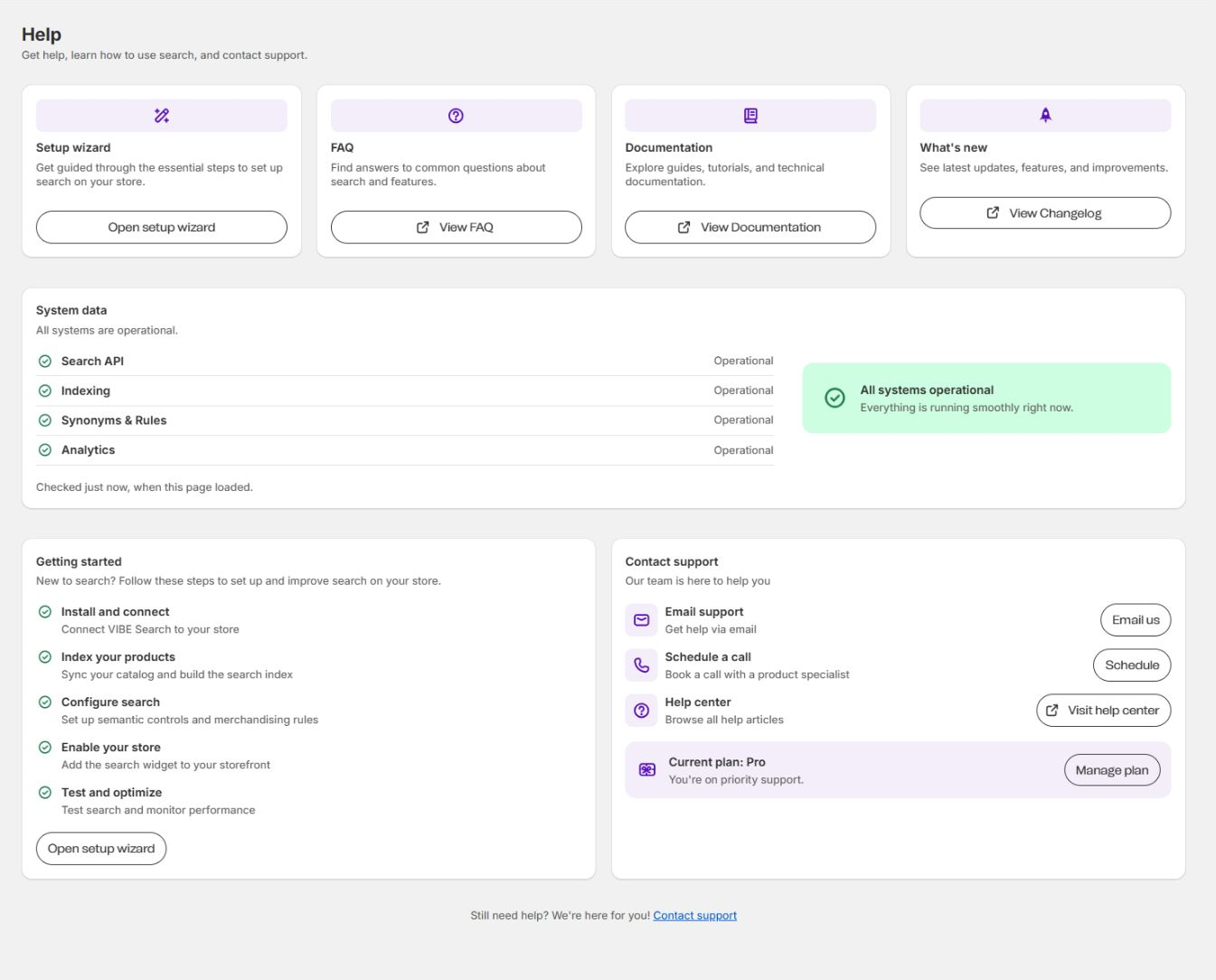 The Help page, with the resource cards, system status, getting-started steps, and support options.