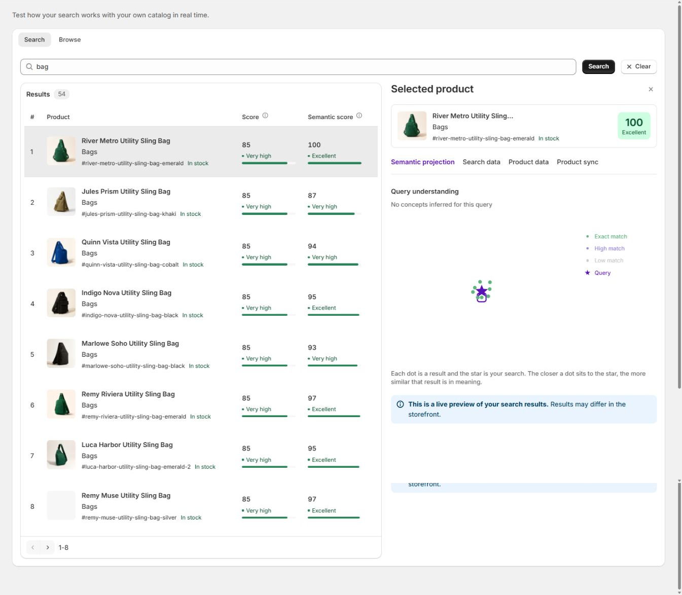 Search Preview results for "bag", with score, meaning-based score, and the diagnostic panel.