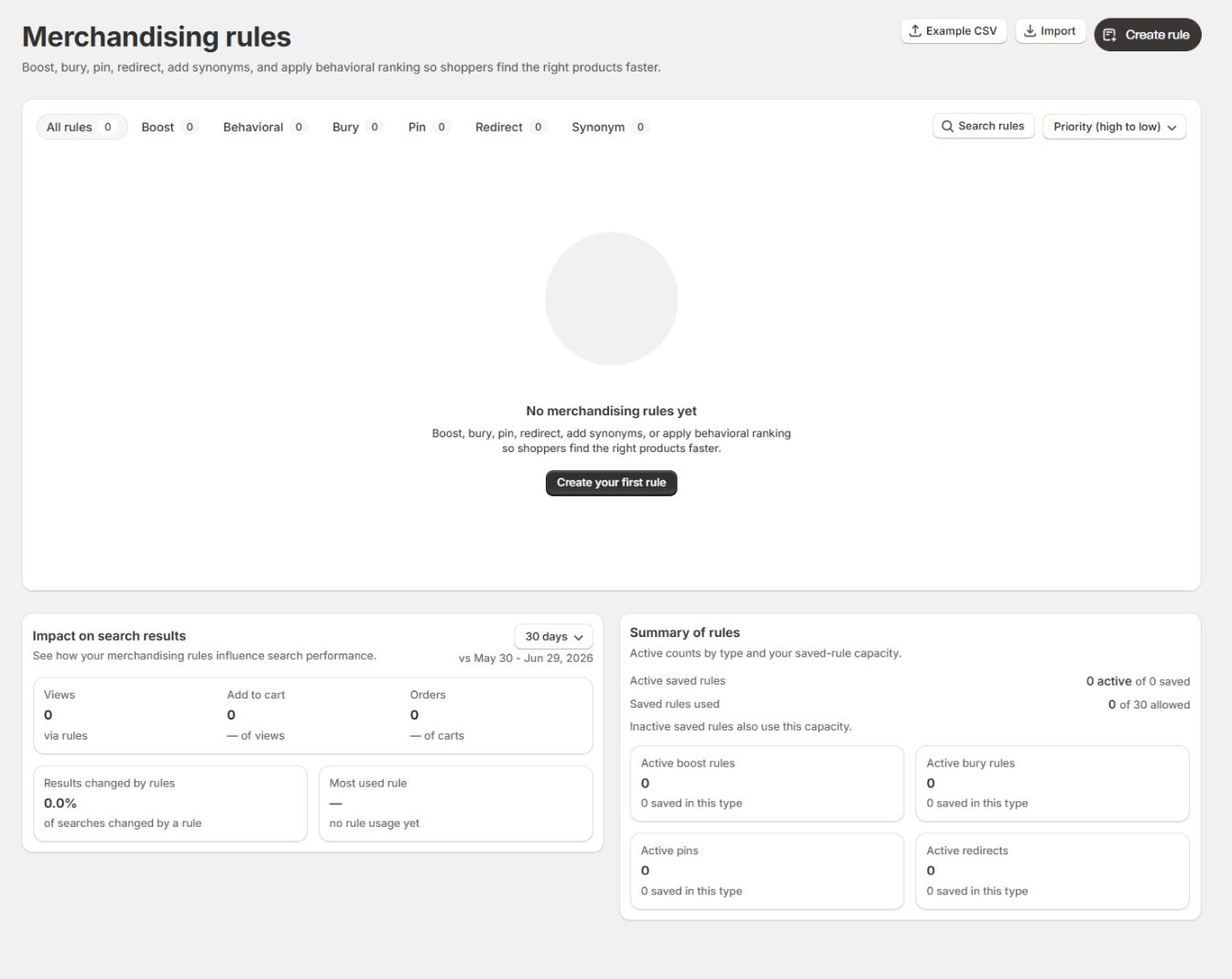 The Result rules list, with the rules table, filter tabs, and impact panels below.