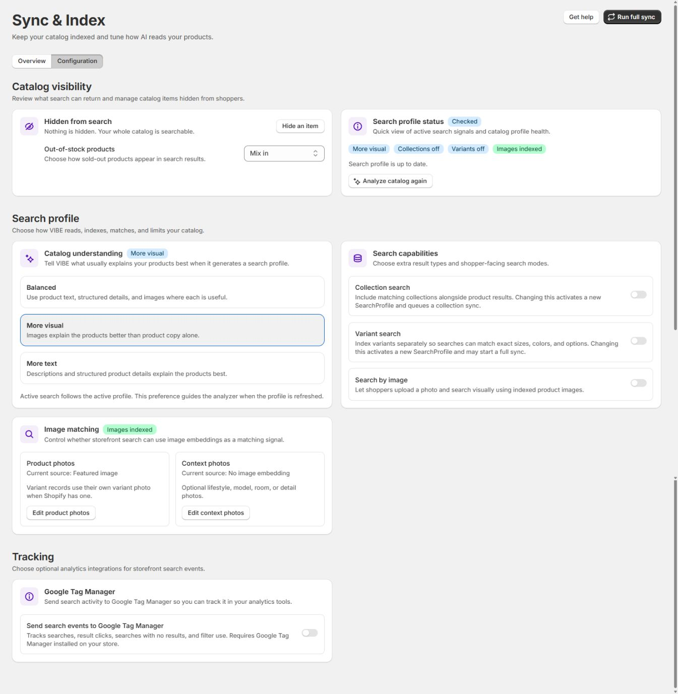 The Configuration tab, with catalog visibility and the product signals VIBE uses.
