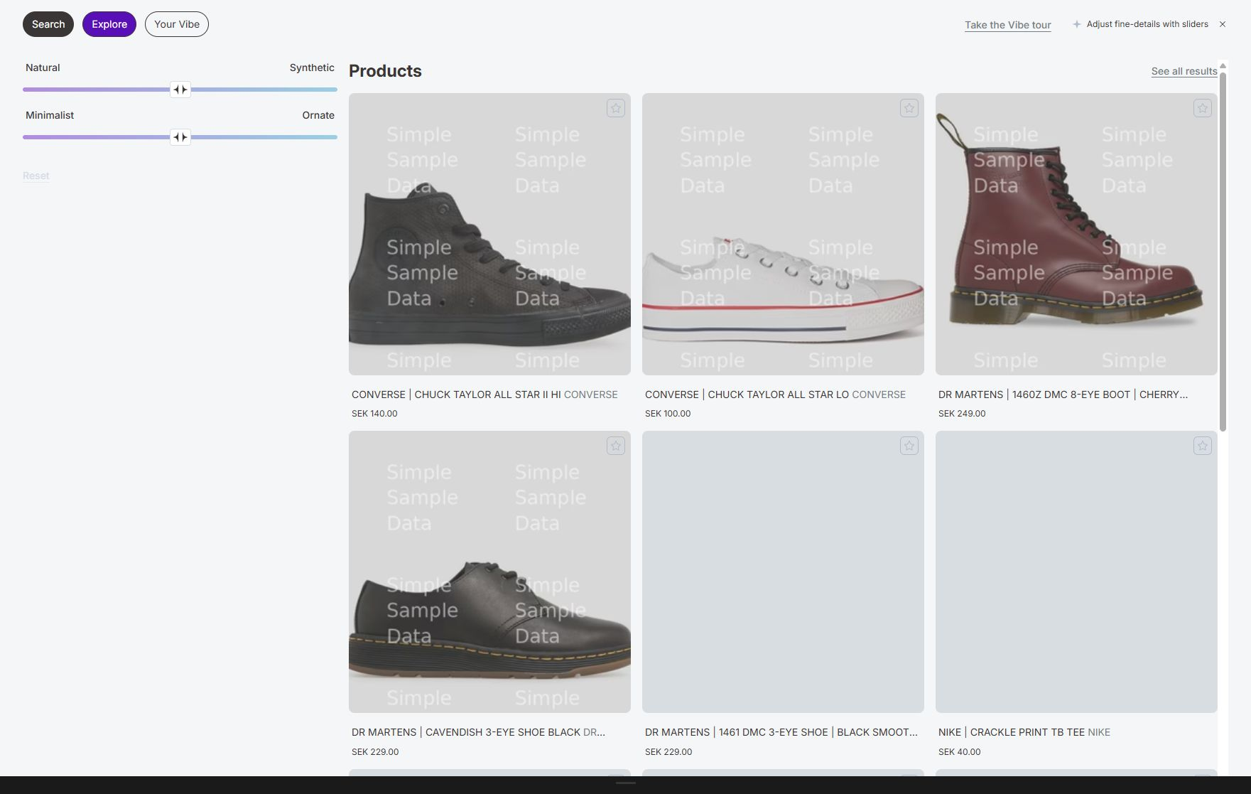 VIBE Explore mode with Explore controls and a live product grid.